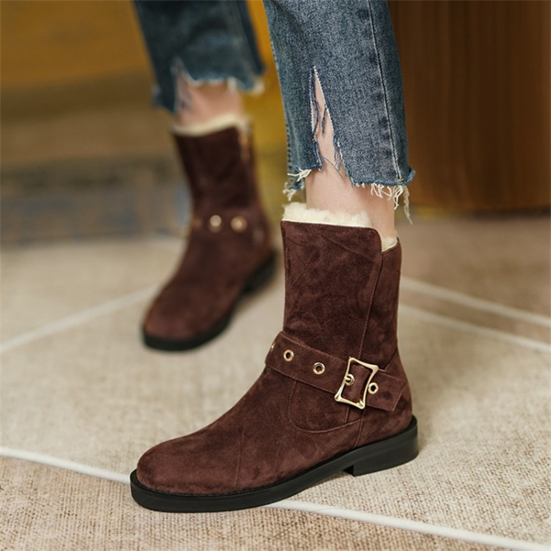 Ladies Retro Round Toe Suede Side Zipper Snow Boots