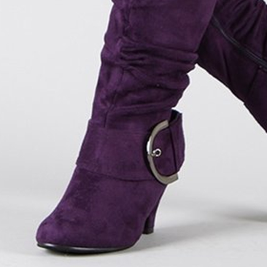 Plain  Chunky  High Heeled  Velvet  Point Toe  Outdoor  Knee High High Heels Boots