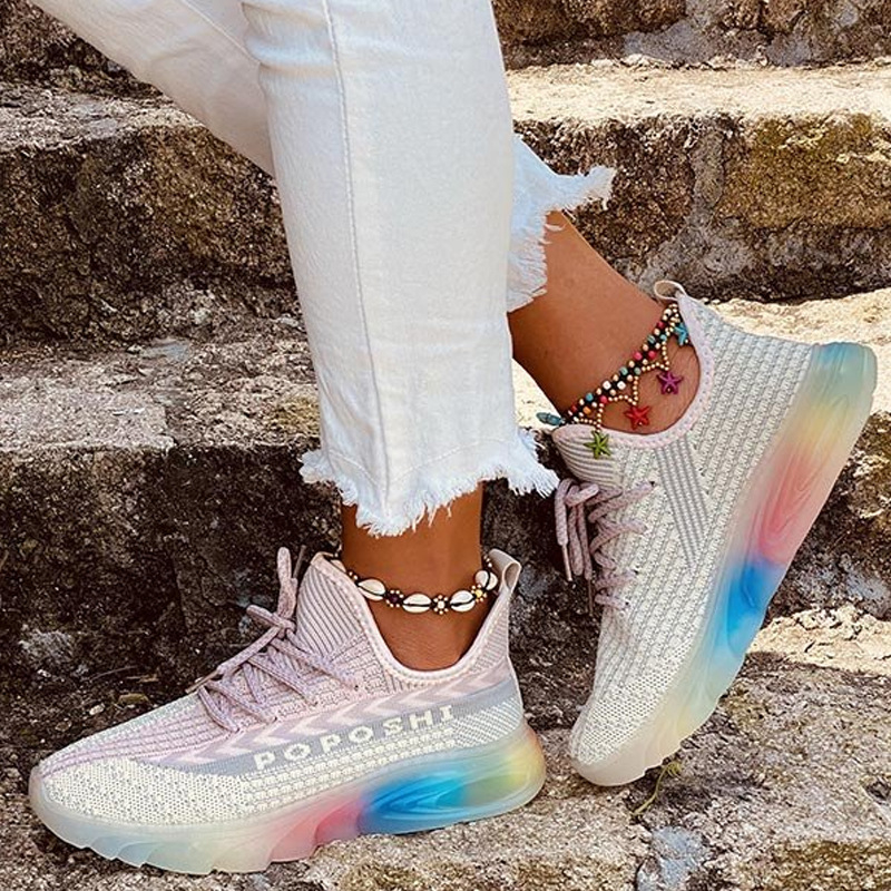 Ladies Fashion Round Toe Colorful Flyknit Sneakers