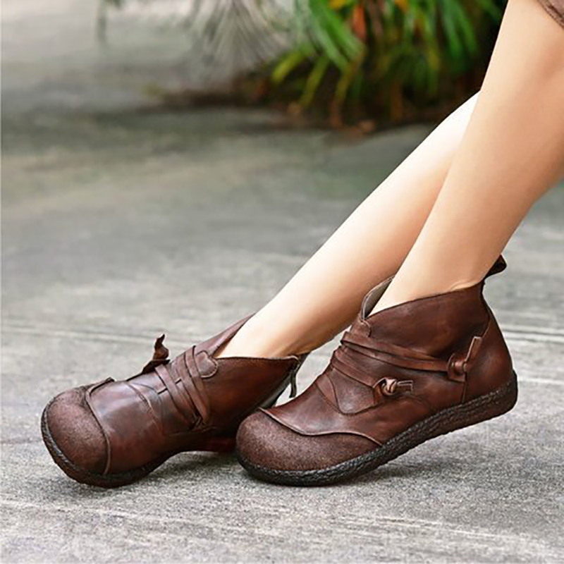 Vintage Women Patchwork Round Toe Side Zipper Shoes