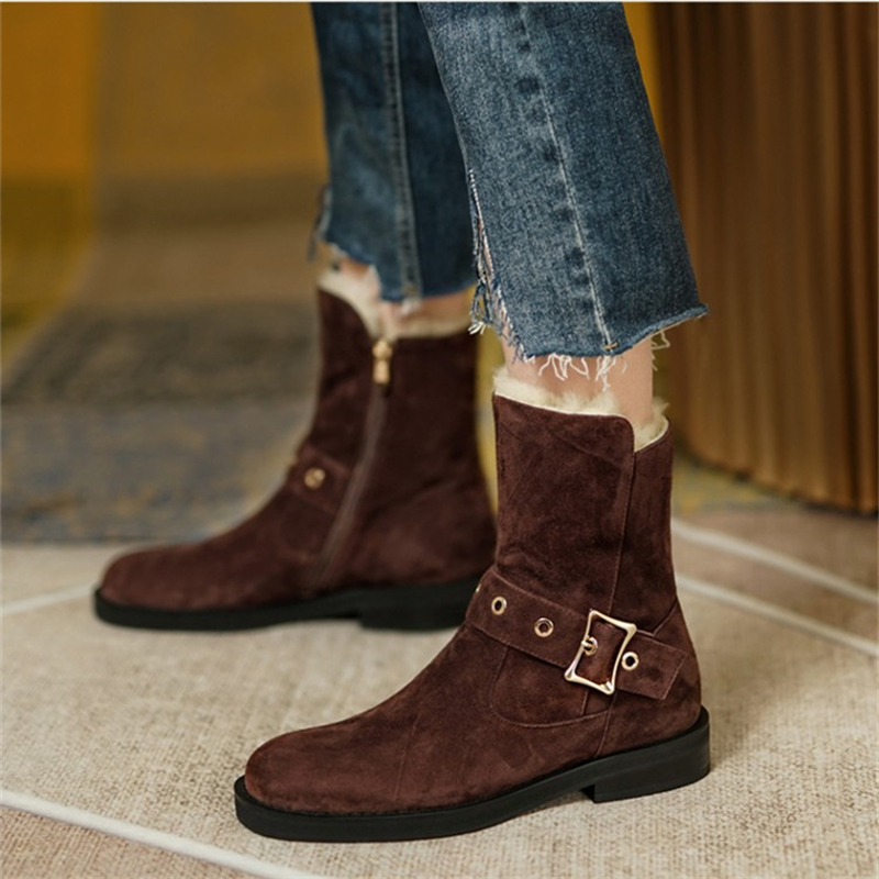 Ladies Retro Round Toe Suede Side Zipper Snow Boots