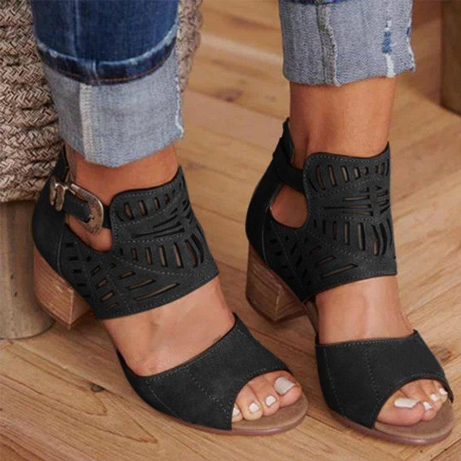 Hollow Out Plain  Chunky  High Heeled  Peep Toe  Date Travel Sandals?