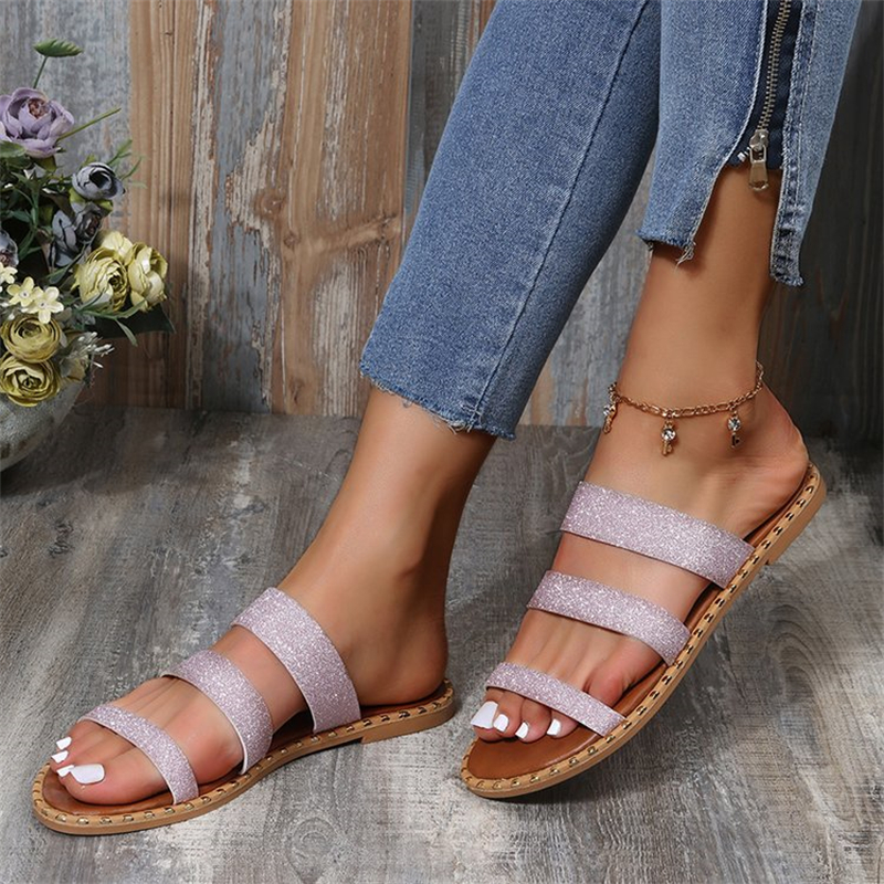 Round Toe Shiny Strap Beach Slippers