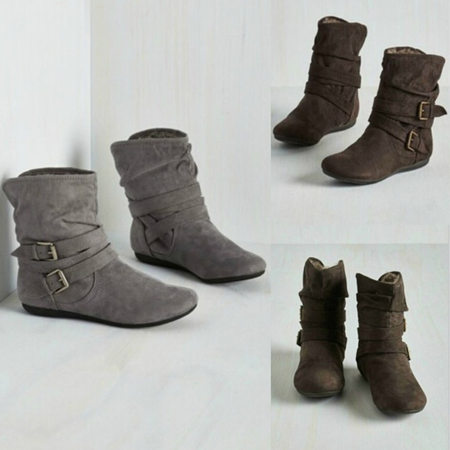 Plain  Flat  Velvet  Round Toe  Casual Outdoor Flat Boots