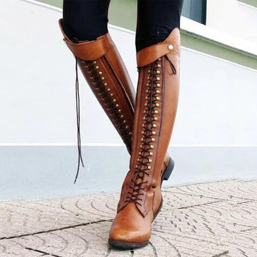 Plain  Flat  Round Toe  Date Outdoor  Knee High Flat Boots