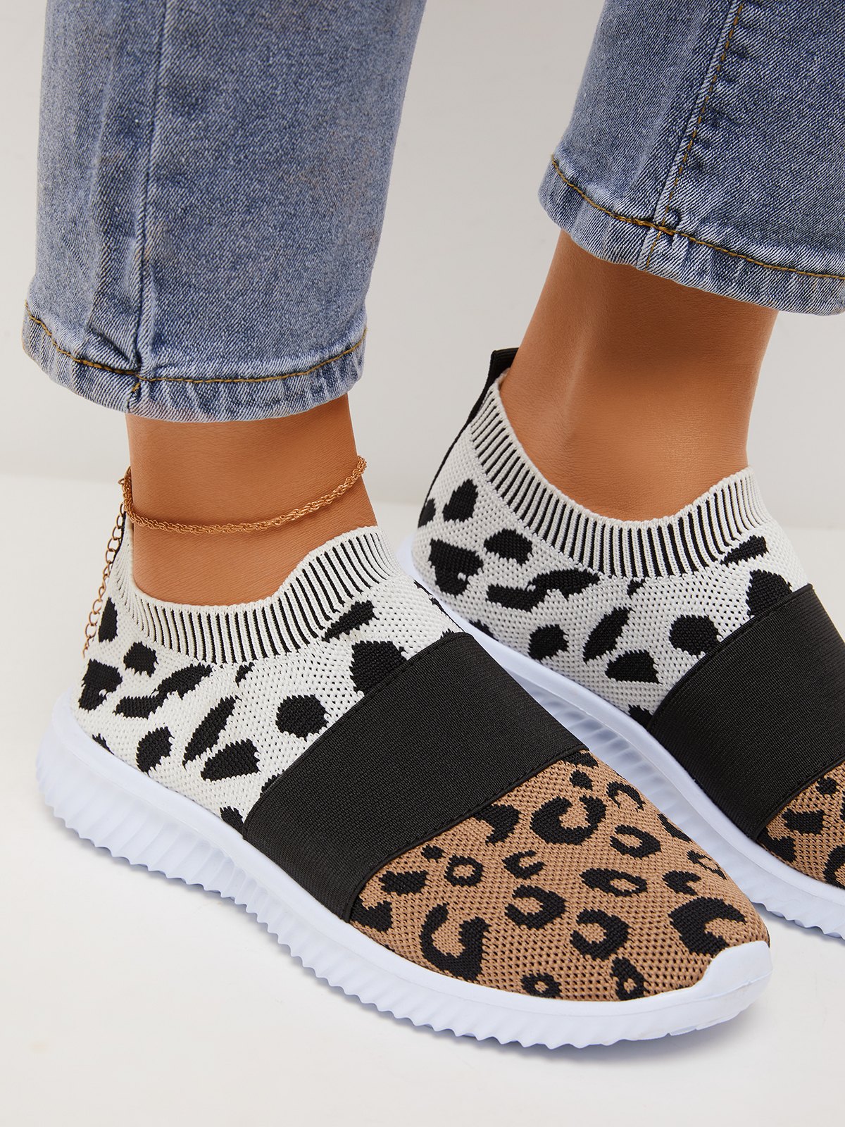 Flyknit Leopard Contrast Colour Casual Shoes