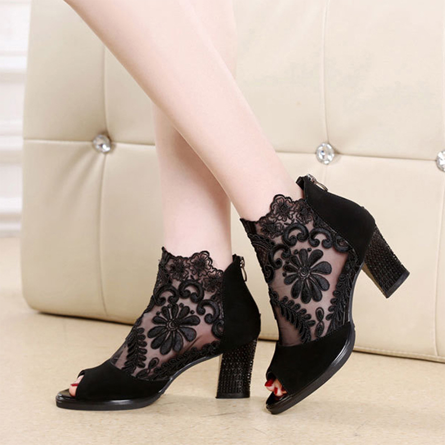 Chunky  High Heeled  Lace Velvet  Peep Toe  Date Peep-Toe Heels