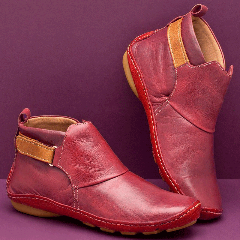 Vintage Handmade PU Leather Velcro Flat Ankle Boots
