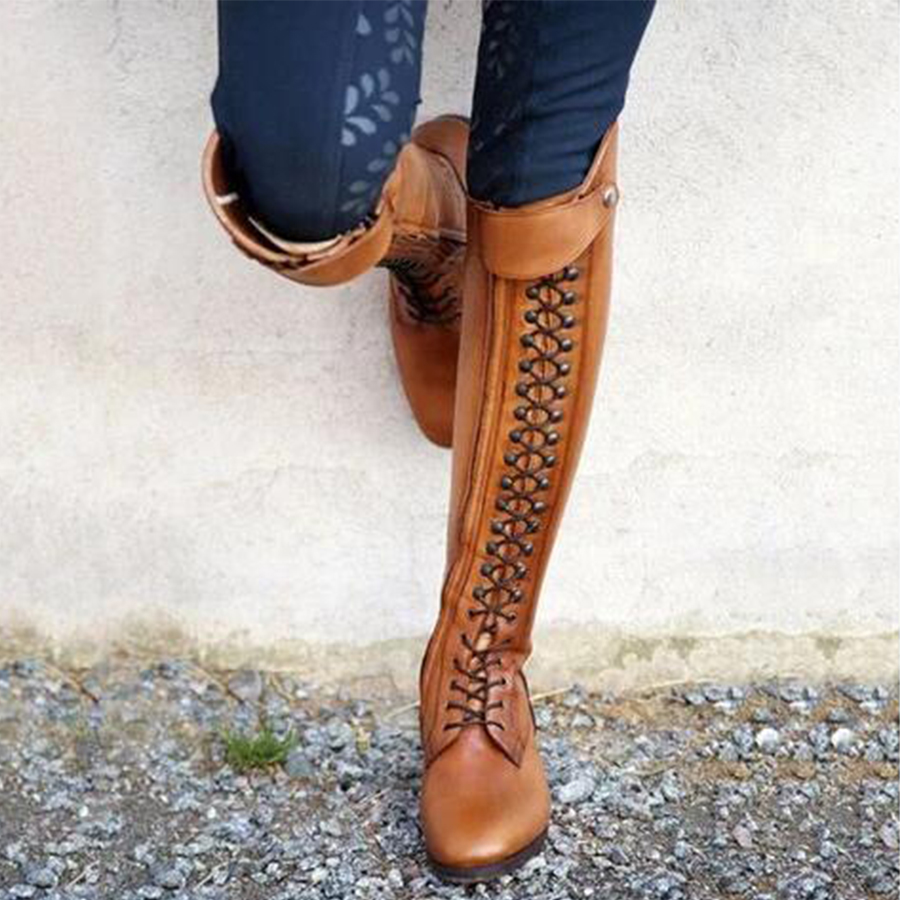 Plain  Flat  Round Toe  Date Outdoor  Knee High Flat Boots