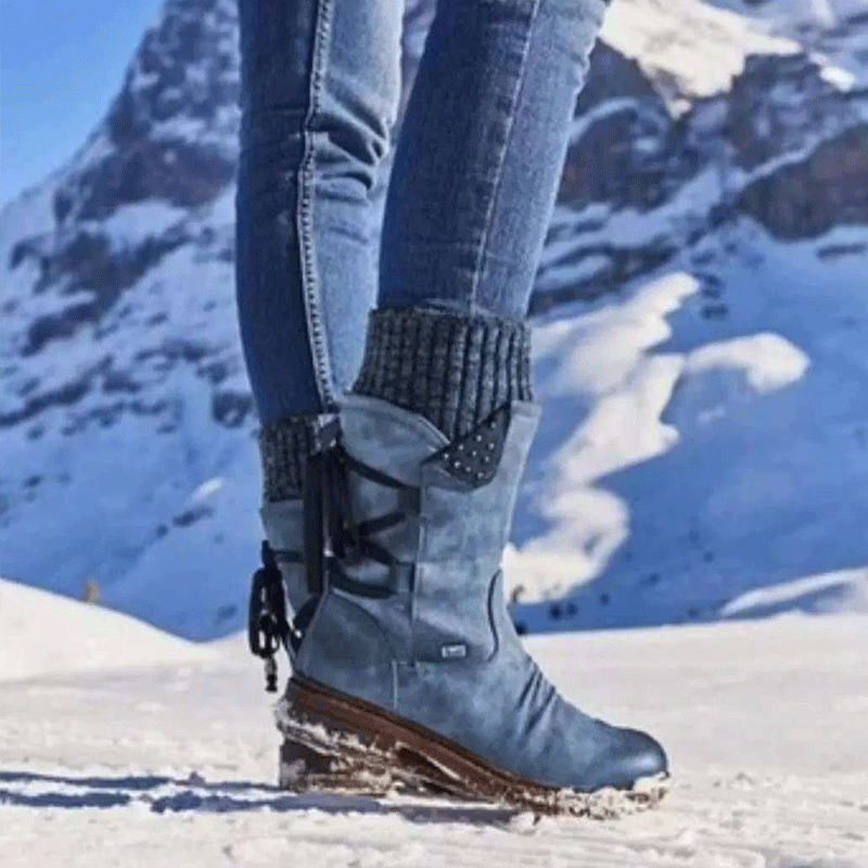 Round toe mid-tube women's boots with thick heel straps