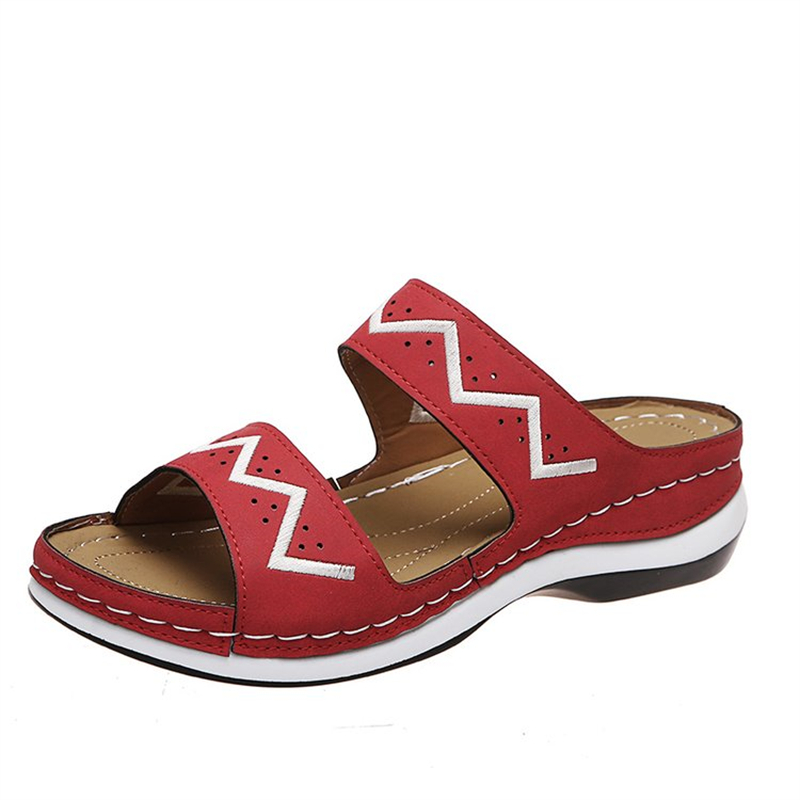 Ladies Retro Round Toe Double Row With Cutout Beach Slippers