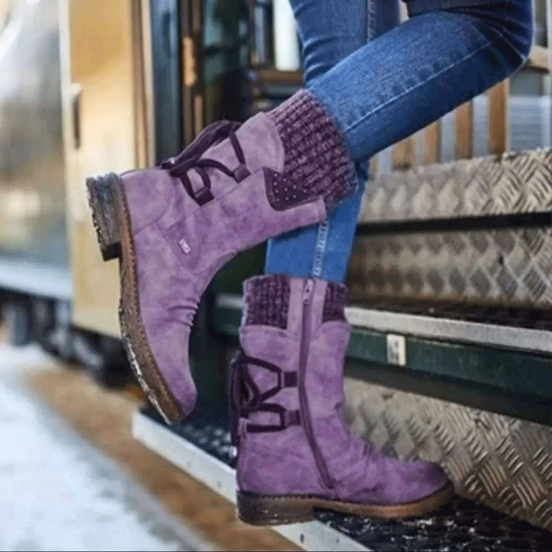 Round toe mid-tube women's boots with thick heel straps