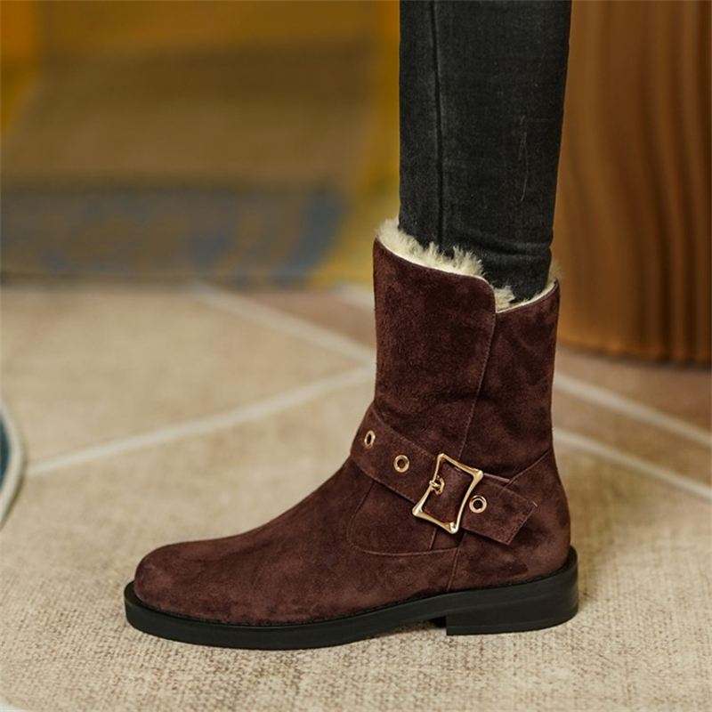 Ladies Retro Round Toe Suede Side Zipper Snow Boots