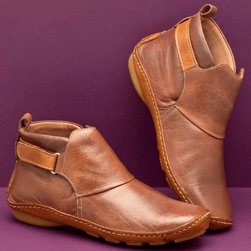 Vintage Handmade PU Leather Velcro Flat Ankle Boots