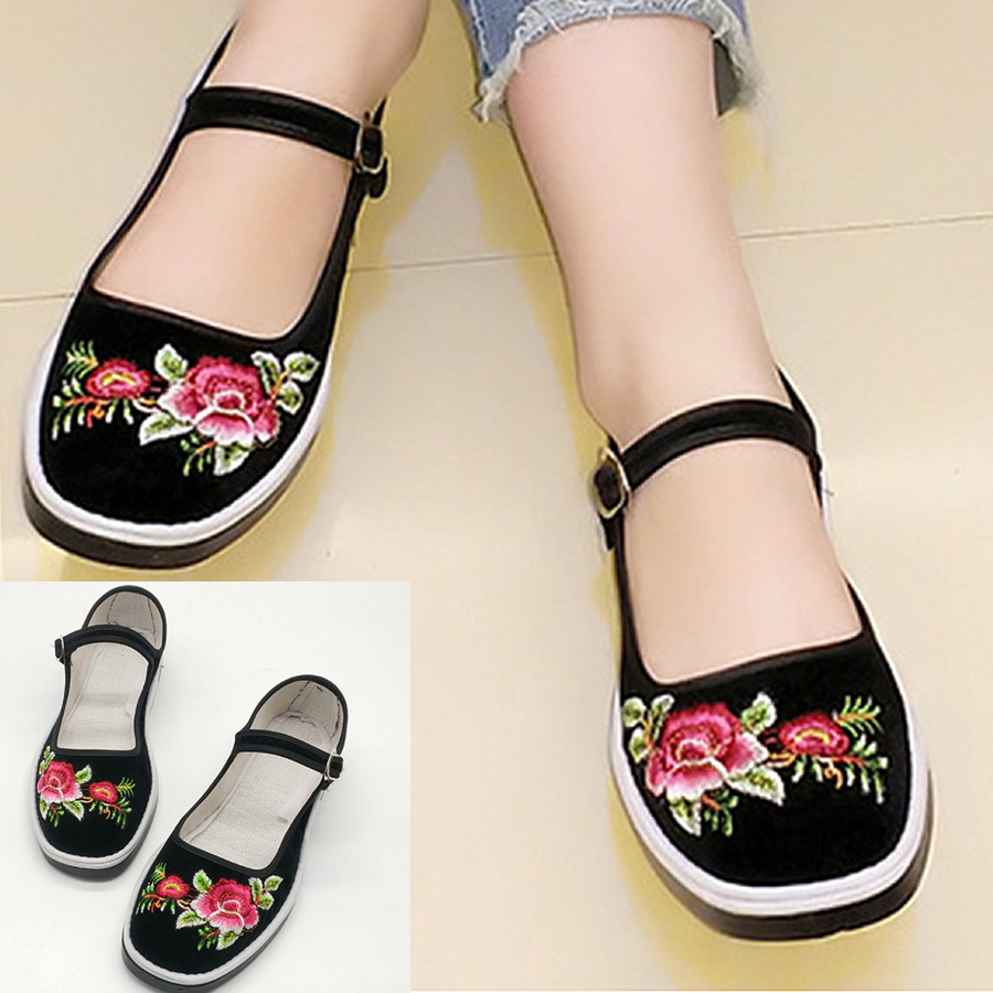Embroidery Floral  Flat  Cotton  Ankle Strap  Round Toe  Casual Flat & Loafers