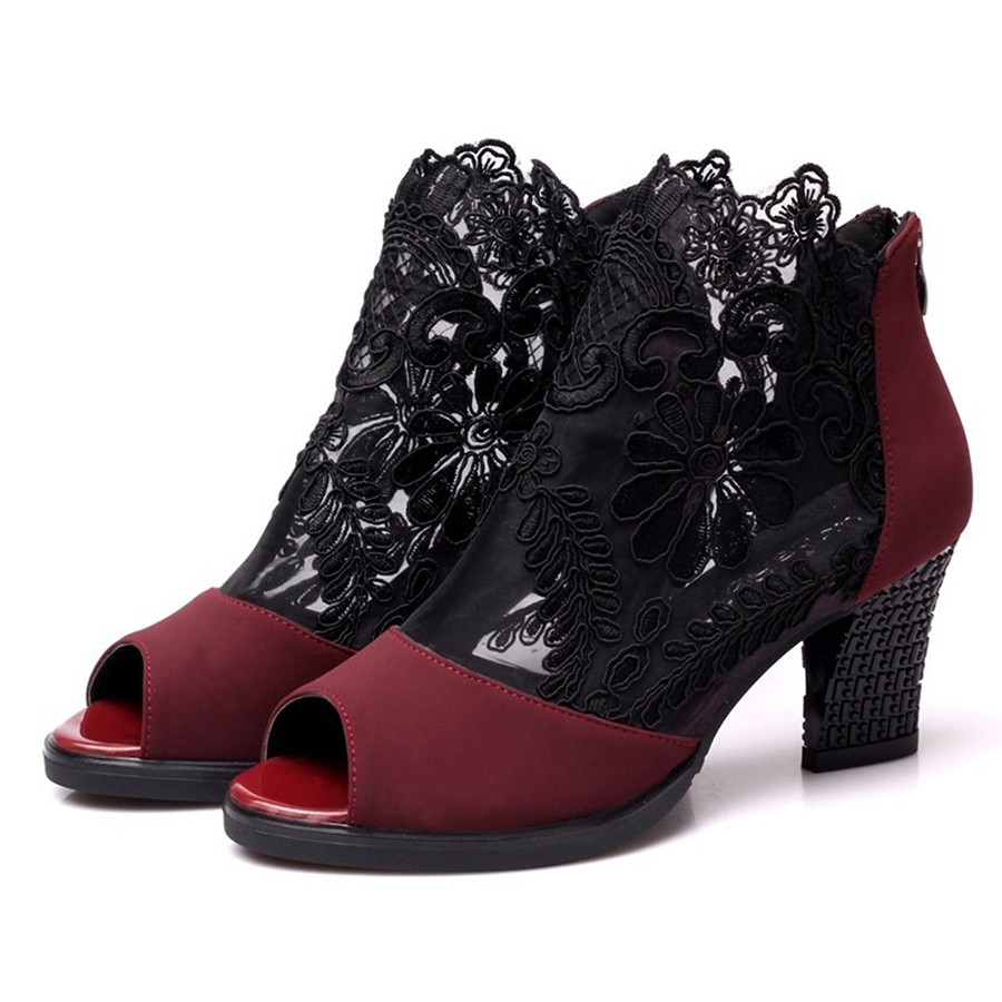 Chunky  High Heeled  Lace Velvet  Peep Toe  Date Peep-Toe Heels