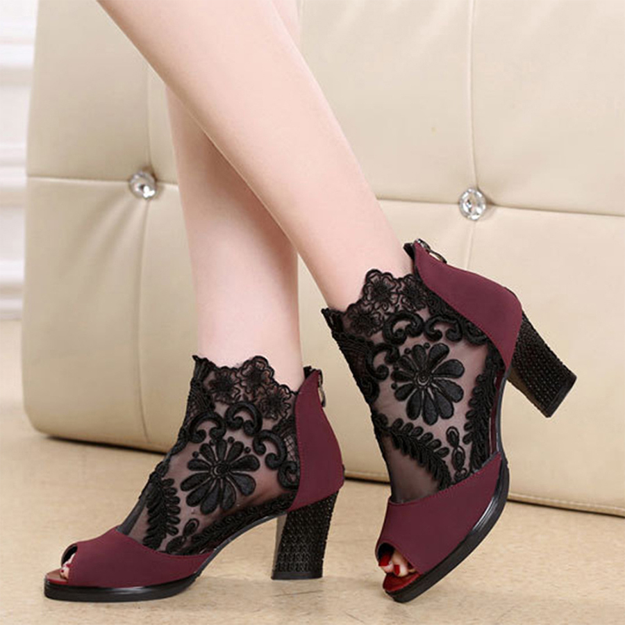Chunky  High Heeled  Lace Velvet  Peep Toe  Date Peep-Toe Heels