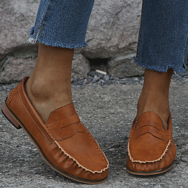 British style solid color thick heel leather shoes