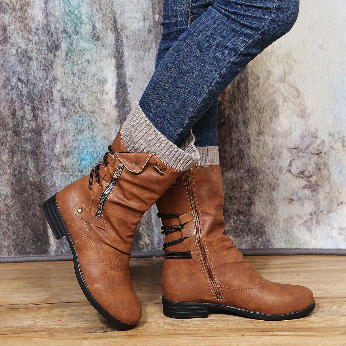 Lace-Up Side Zip Vintage Leather Boots