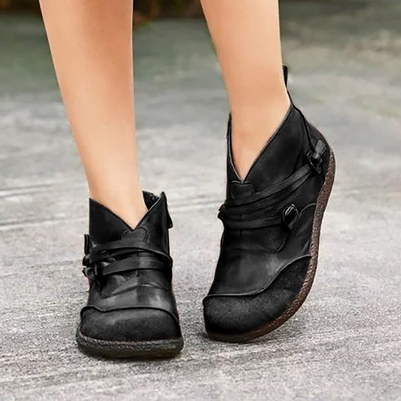 Vintage Women Patchwork Round Toe Side Zipper Shoes