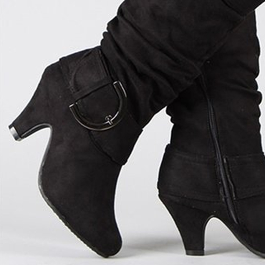 Plain  Chunky  High Heeled  Velvet  Point Toe  Outdoor  Knee High High Heels Boots