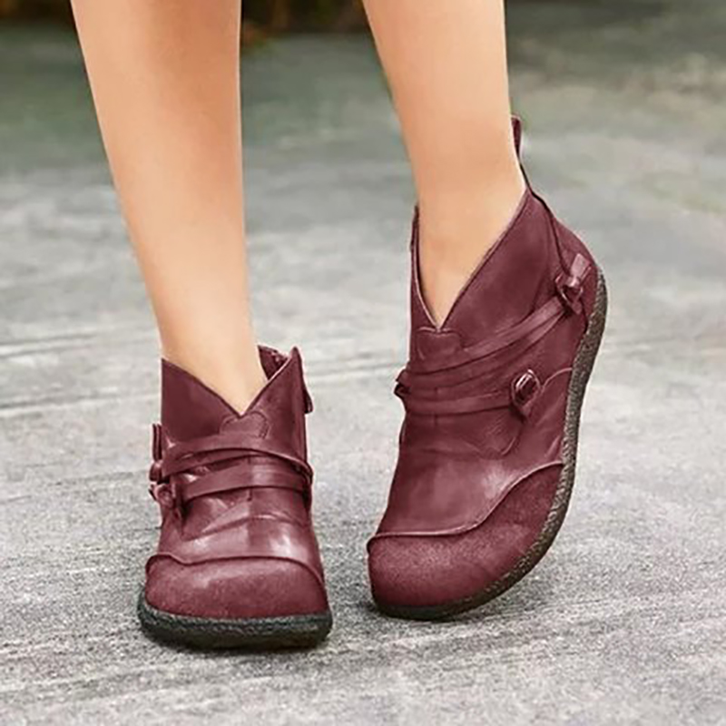 Vintage Women Patchwork Round Toe Side Zipper Shoes