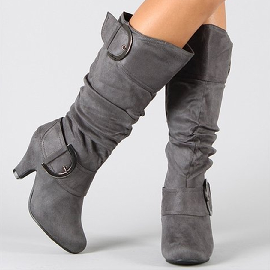 Plain  Chunky  High Heeled  Velvet  Point Toe  Outdoor  Knee High High Heels Boots