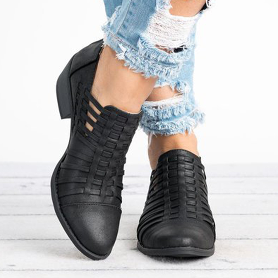 Plain  Chunky  Mid Heeled  Point Toe  Outdoor Ankle Boots