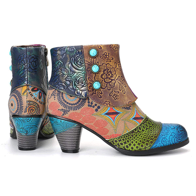 Retro fashion hand stitched jacquard short boots
