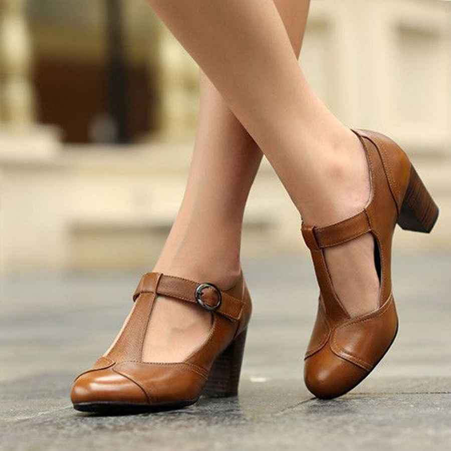 Vintage Plain  Chunky  High Heeled  Round Toe  Date Travel Pumps