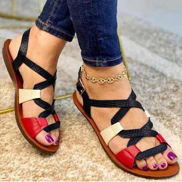Women's Patchwork Cross-strap Flat Sandals