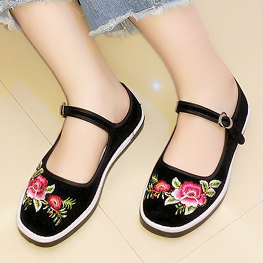 Embroidery Floral  Flat  Cotton  Ankle Strap  Round Toe  Casual Flat & Loafers