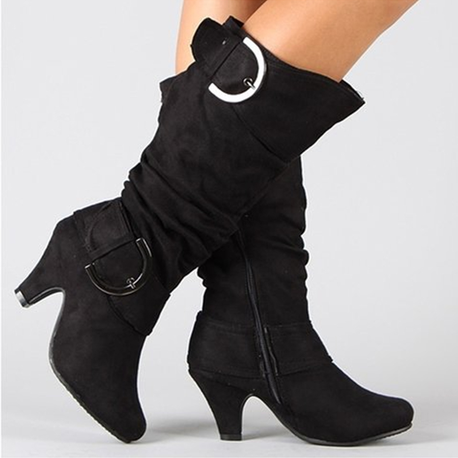 Plain  Chunky  High Heeled  Velvet  Point Toe  Outdoor  Knee High High Heels Boots