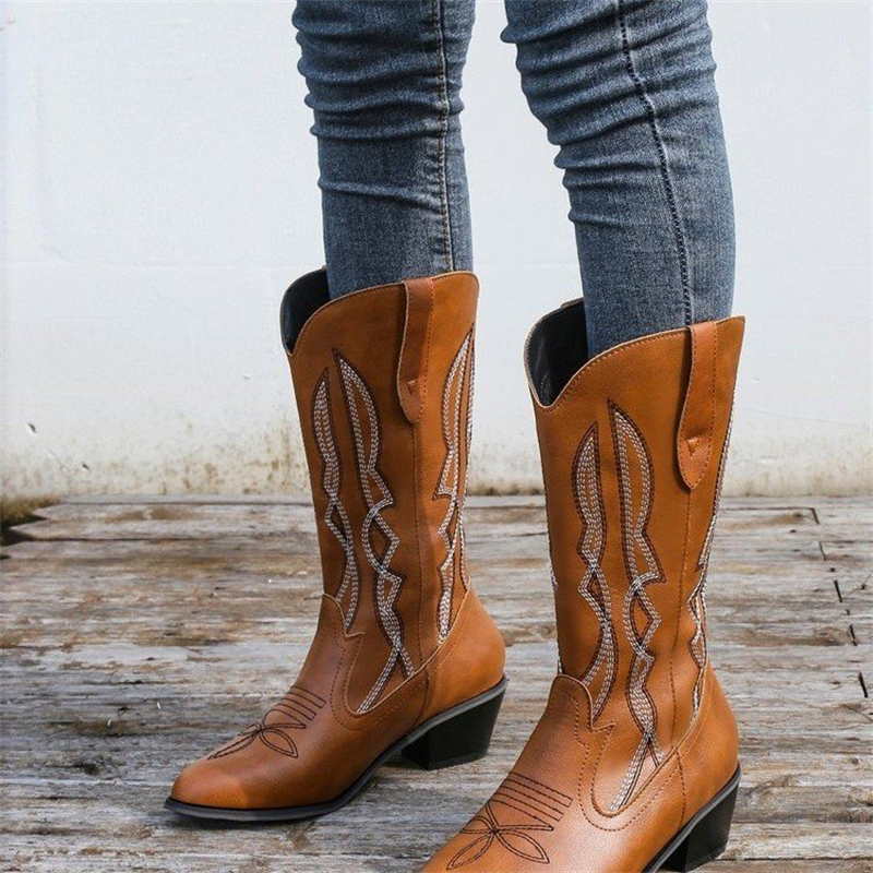 Ladies Retro Pointed Toe Embroidery Stitching Western Boots