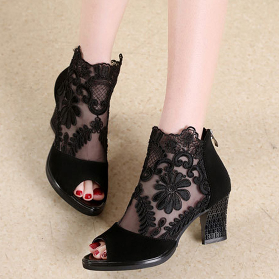 Chunky  High Heeled  Lace Velvet  Peep Toe  Date Peep-Toe Heels