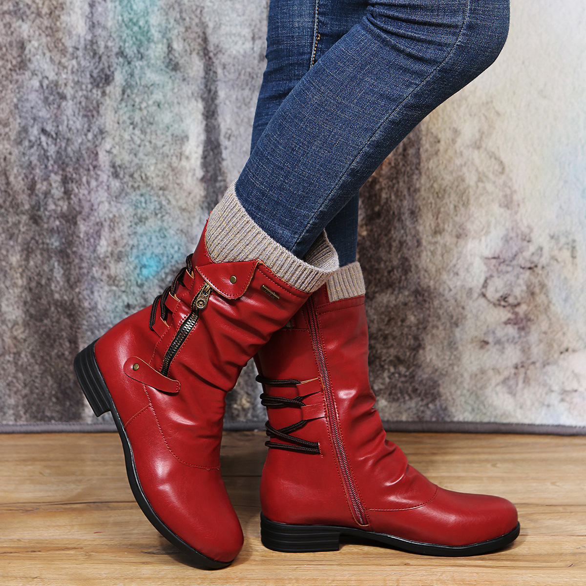Lace-Up Side Zip Vintage Leather Boots