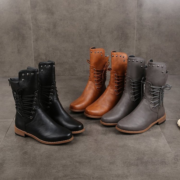 Lace-Up Rivet Vintage Mid-Sole Boots