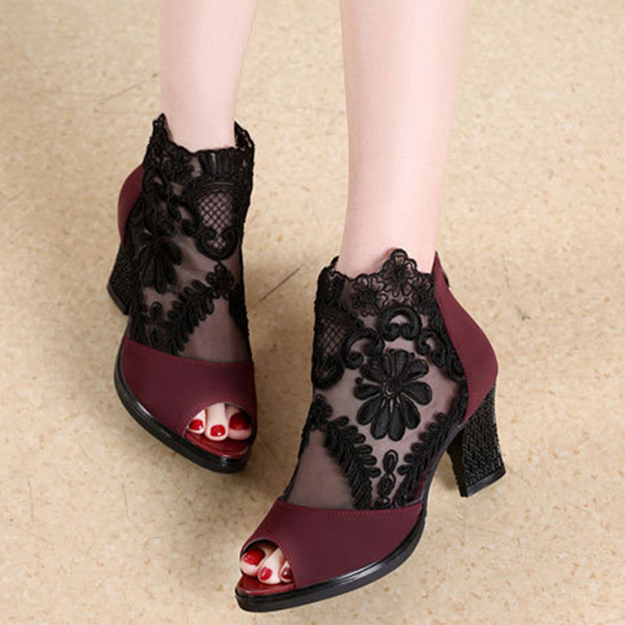 Chunky  High Heeled  Lace Velvet  Peep Toe  Date Peep-Toe Heels