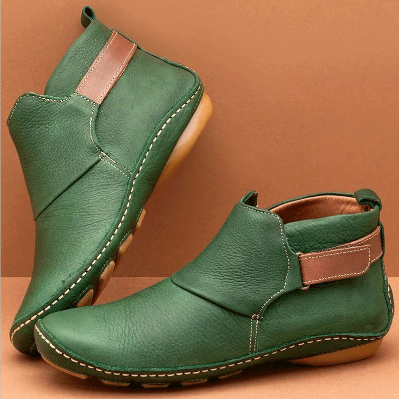 Vintage Handmade PU Leather Velcro Flat Ankle Boots