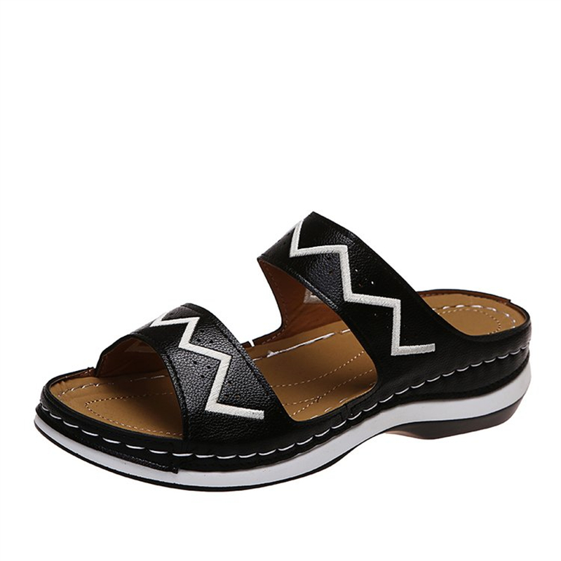 Ladies Retro Round Toe Double Row With Cutout Beach Slippers