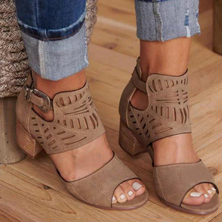 Hollow Out Plain  Chunky  High Heeled  Peep Toe  Date Travel Sandals?