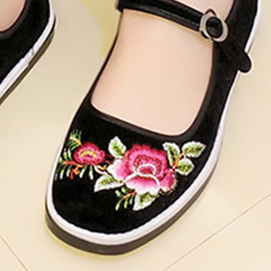 Embroidery Floral  Flat  Cotton  Ankle Strap  Round Toe  Casual Flat & Loafers
