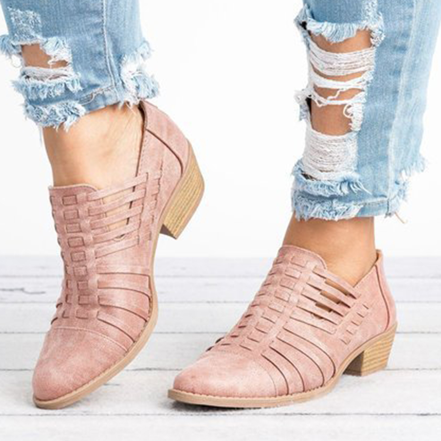 Plain  Chunky  Mid Heeled  Point Toe  Outdoor Ankle Boots