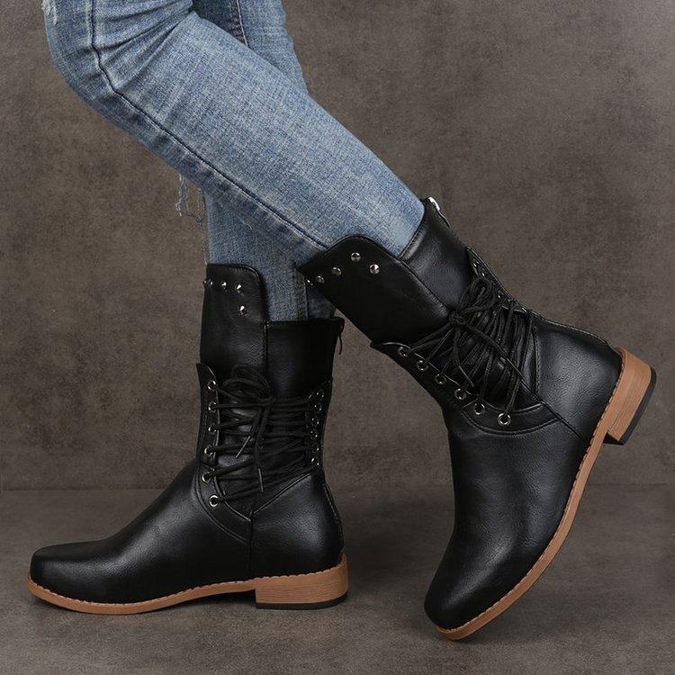Lace-Up Rivet Vintage Mid-Sole Boots