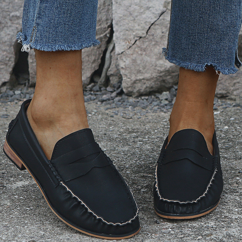 British style solid color thick heel leather shoes
