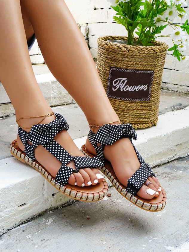 Bow Upper Polka Dot Print Velcro Braided Sandals